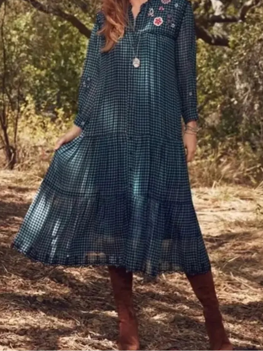 JOHNNY WAS Jade Boho Tiered Midi Dress in Teal and Black Gingham Check XL NWOT